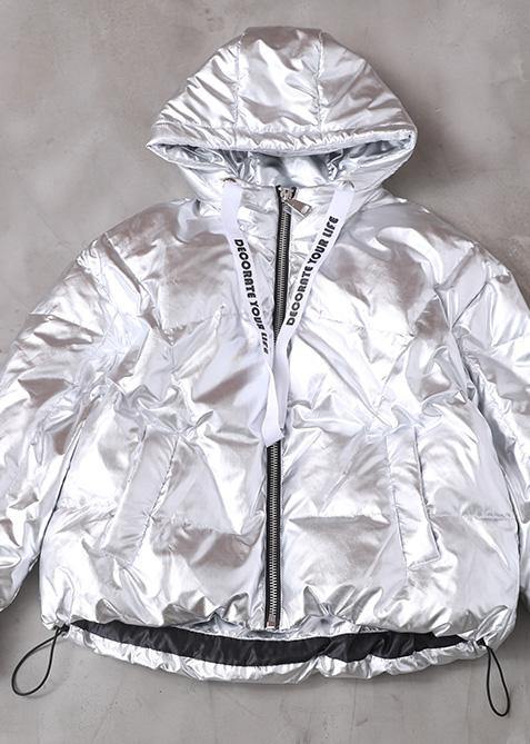 Fine Loose fitting womens overcoat silver white hooded zippered duck down coat - SooLinen