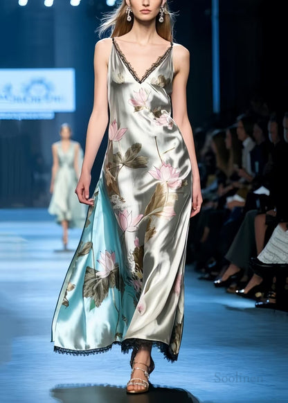 Fine Lotus Print Draping Silk Spaghetti Strap Sundress