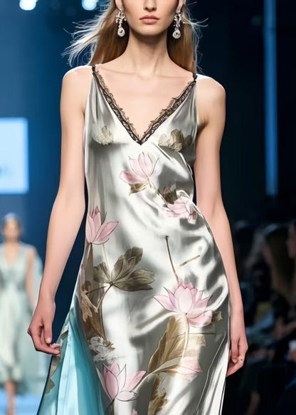 Fine Lotus Print Draping Silk Spaghetti Strap Sundress