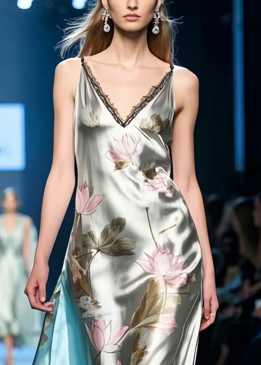 Fine Lotus Print Draping Silk Spaghetti Strap Sundress