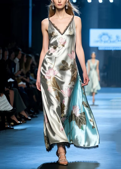 Fine Lotus Print Draping Silk Spaghetti Strap Sundress