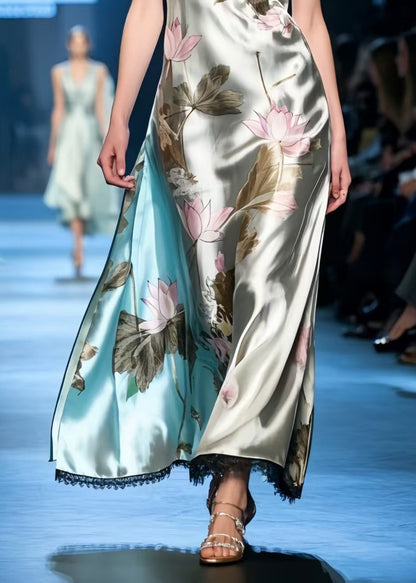 Fine Lotus Print Draping Silk Spaghetti Strap Sundress