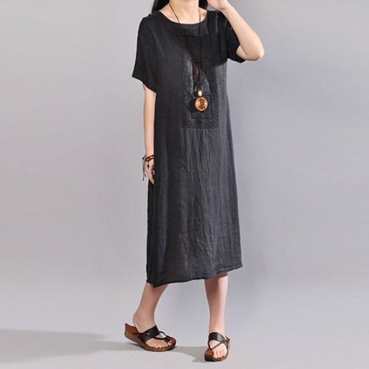 Fine Midi-length linen dress trendy plus size Summer Round Neck Short Sleeve Pure Color Flax Dress