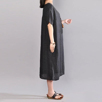 Fine Midi-length linen dress trendy plus size Summer Round Neck Short Sleeve Pure Color Flax Dress