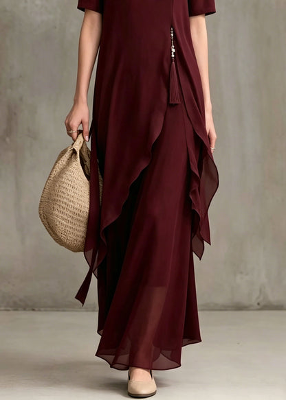 Fine Mulberry Stand Collar Asymmetrical Patchwork Chiffon Dress Summer