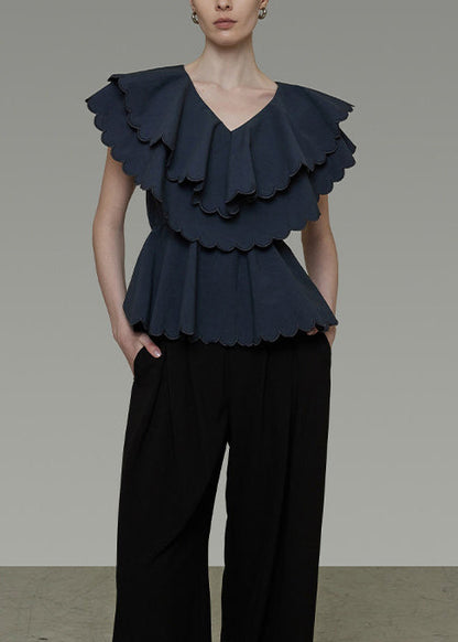 Fine Navy Double-layer Ruffles Cotton Cinched Shirts Summer