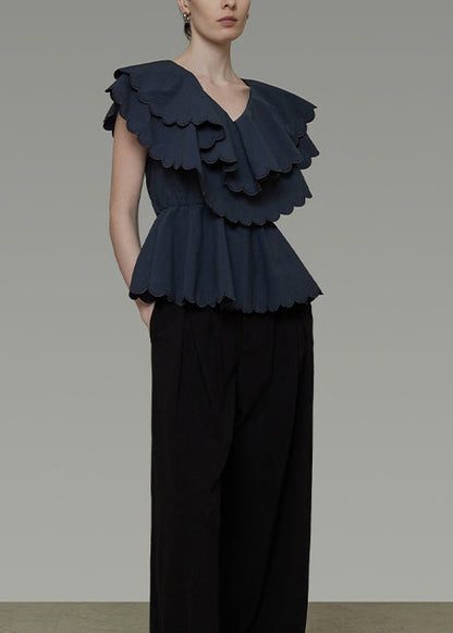 Fine Navy Double-layer Ruffles Cotton Cinched Shirts Summer
