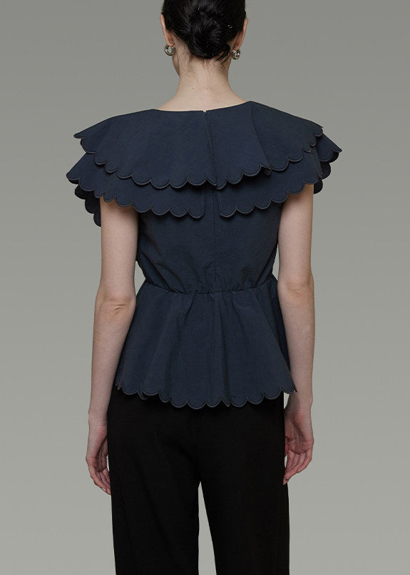Fine Navy Double-layer Ruffles Cotton Cinched Shirts Summer