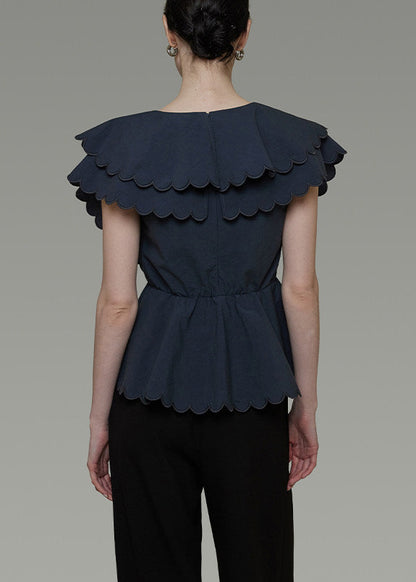 Fine Navy Double-layer Ruffles Cotton Cinched Shirts Summer