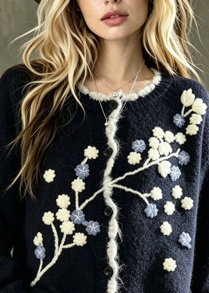 Fine Navy Embroidered Knit Loose Coat Winter