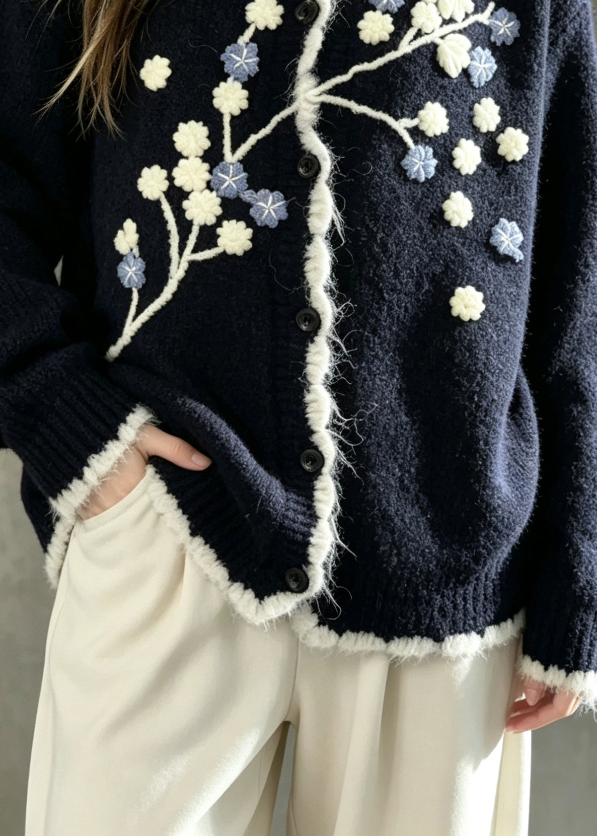 Fine Navy Embroidered Knit Loose Coat Winter