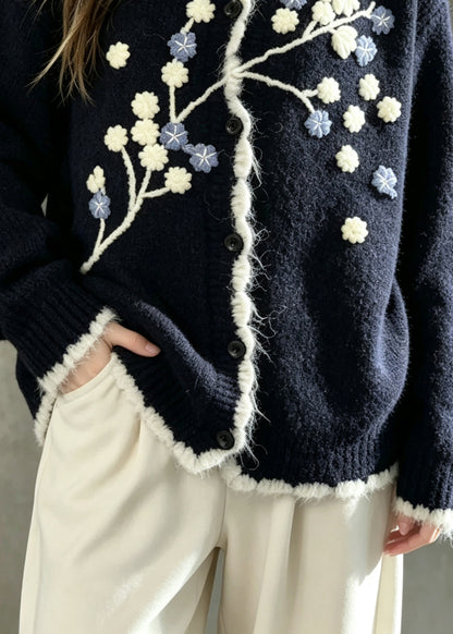 Fine Navy Embroidered Knit Loose Coat Winter