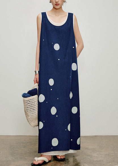 Fine Navy Oversized Print Cotton Maxi Dresses Two Piece Set Sleeveless