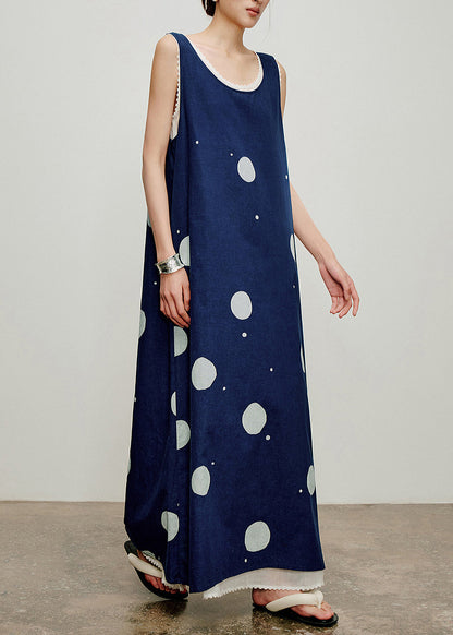 Fine Navy Oversized Print Cotton Maxi Dresses Two Piece Set Sleeveless