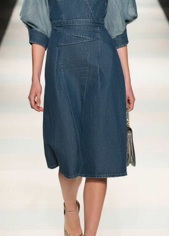 Fine Navy Puff Sleeve Patchwork Denim Work Dress Summer