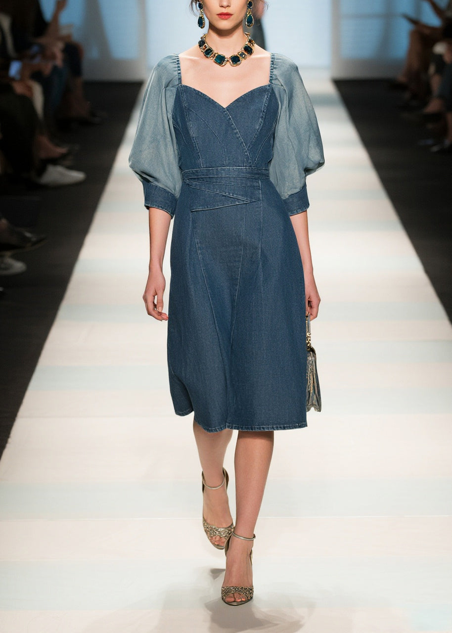 Fine Navy Puff Sleeve Patchwork Denim Work Dress Summer