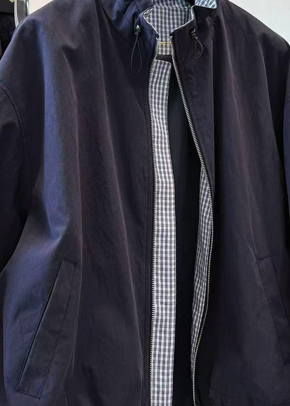 Fine Navy Stand Collar Drawstring Patchwork Plaid Jacket Fall