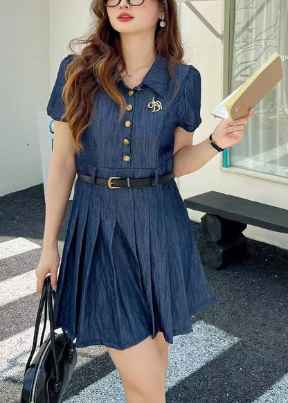 Fine Navy Tunic Denim Pleated Dress Summer