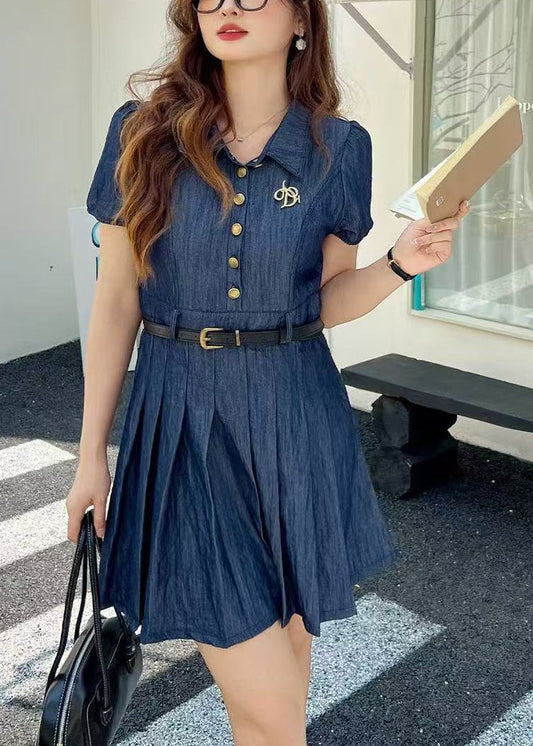 Fine Navy Tunic Denim Pleated Dress Summer