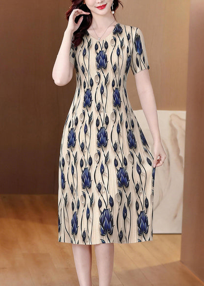 Fine O Neck Print Wrinkled Elasticity Dress Summer