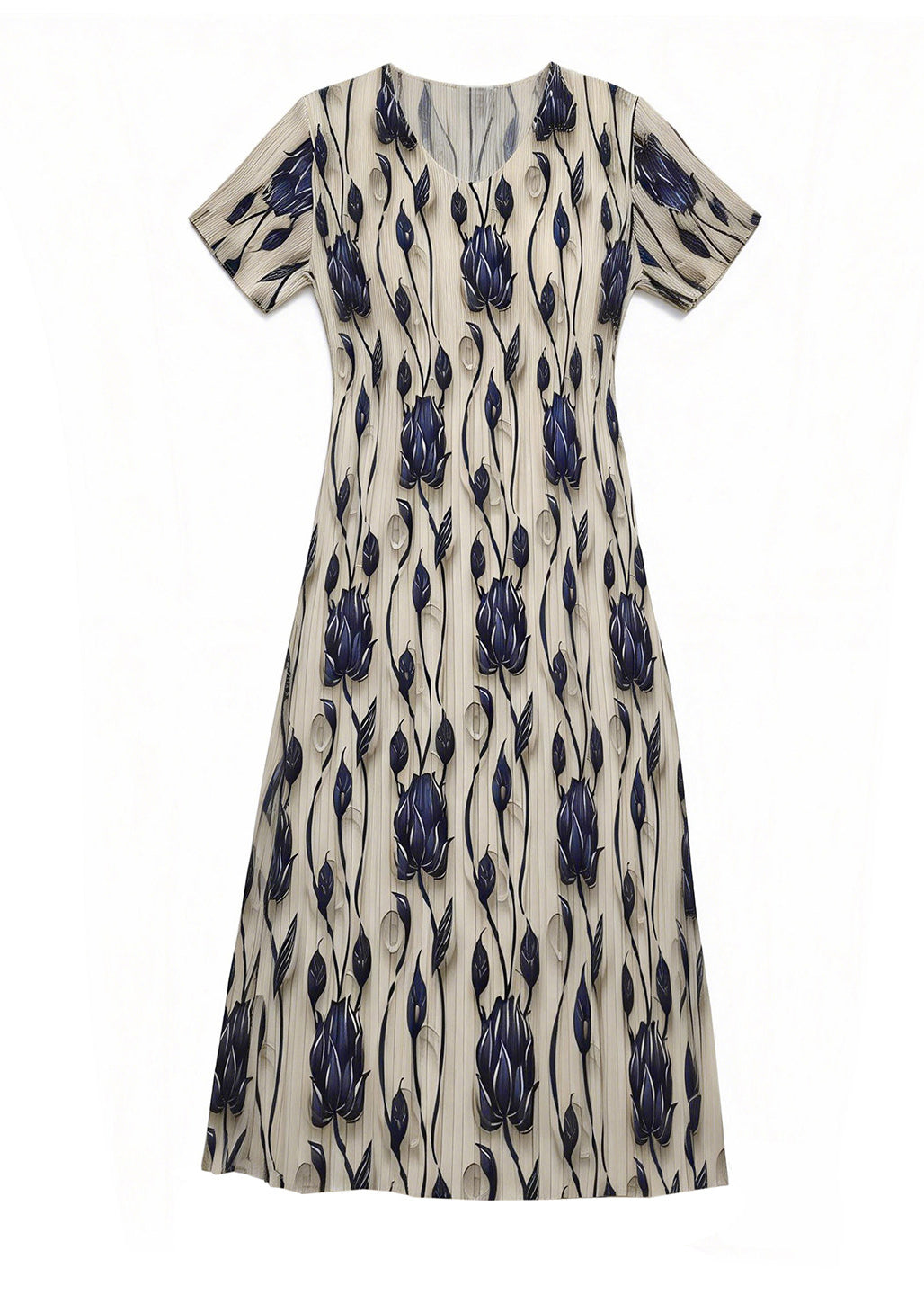 Fine O Neck Print Wrinkled Elasticity Dress Summer