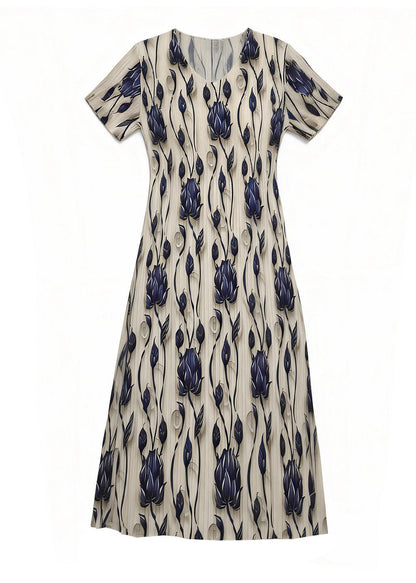 Fine O Neck Print Wrinkled Elasticity Dress Summer