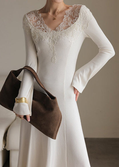 Fine Oatmeal O-Neck Lace Patchwork Cotton Knit Long Sweater Dress Spring