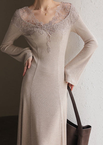 Fine Oatmeal O-Neck Lace Patchwork Cotton Knit Long Sweater Dress Spring