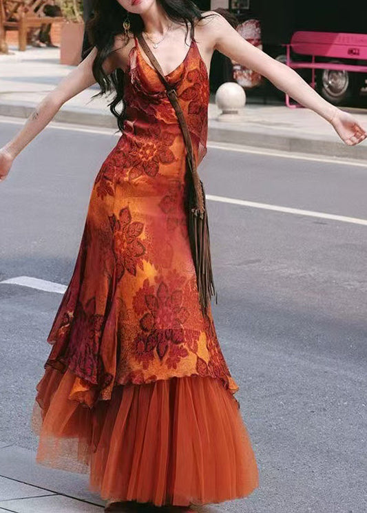 Fine Orange Asymmetrical Print Chiffon Dress And Tulle Skirts Two Pieces Set Summer