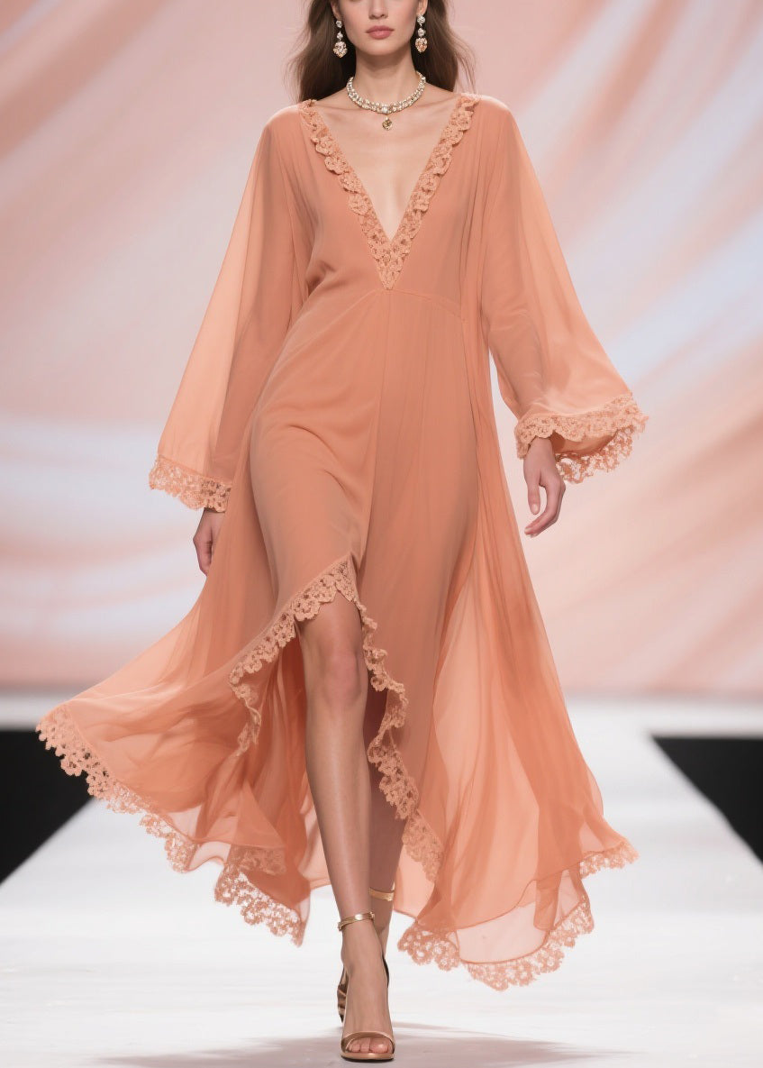 Fine Orange Lace Side Open Solid Chiffon Long Dresses