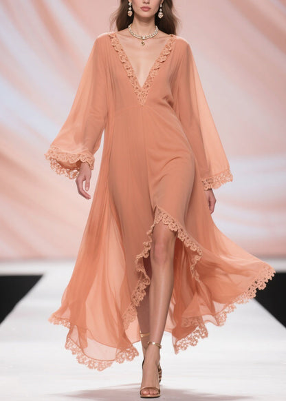Fine Orange Lace Side Open Solid Chiffon Long Dresses