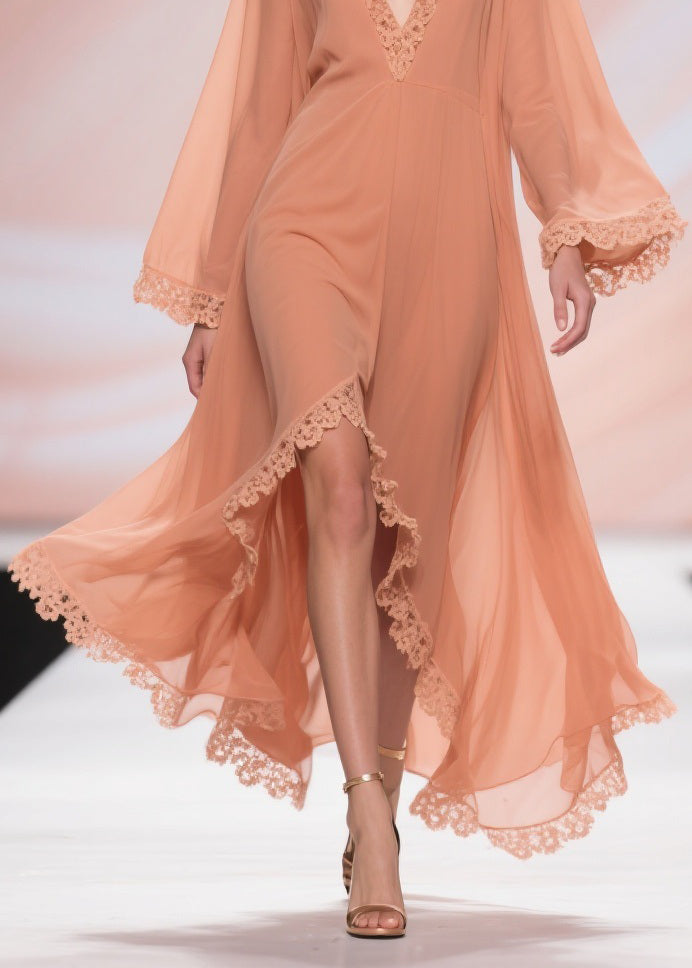 Fine Orange Lace Side Open Solid Chiffon Long Dresses