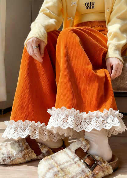 Fine Orange Oversized Lace Patchwork Corduroy Pants Winter