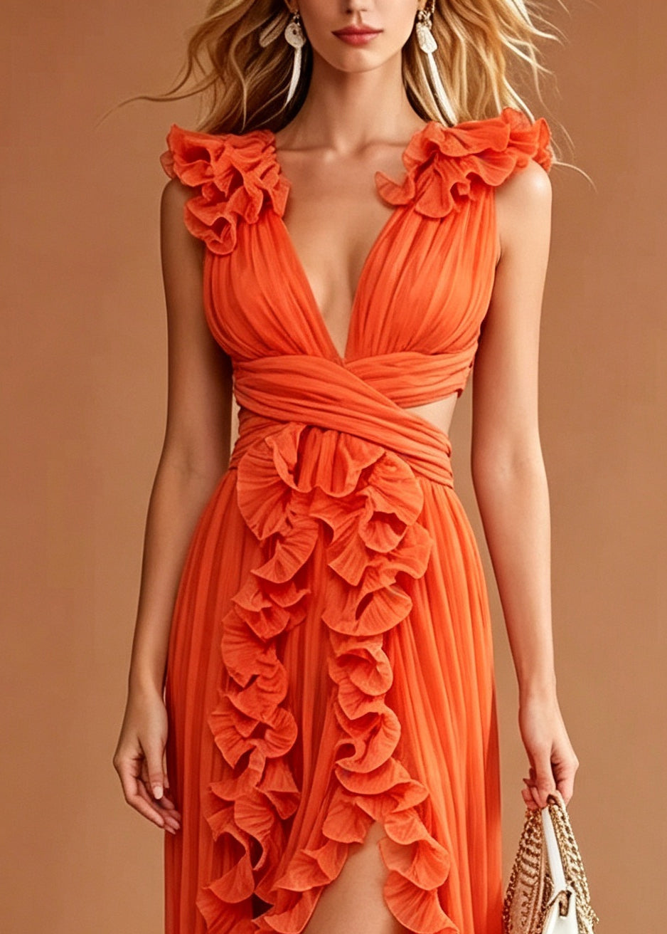 Fine Orange Ruffled Side Open Chiffon Ankle Dress Summer