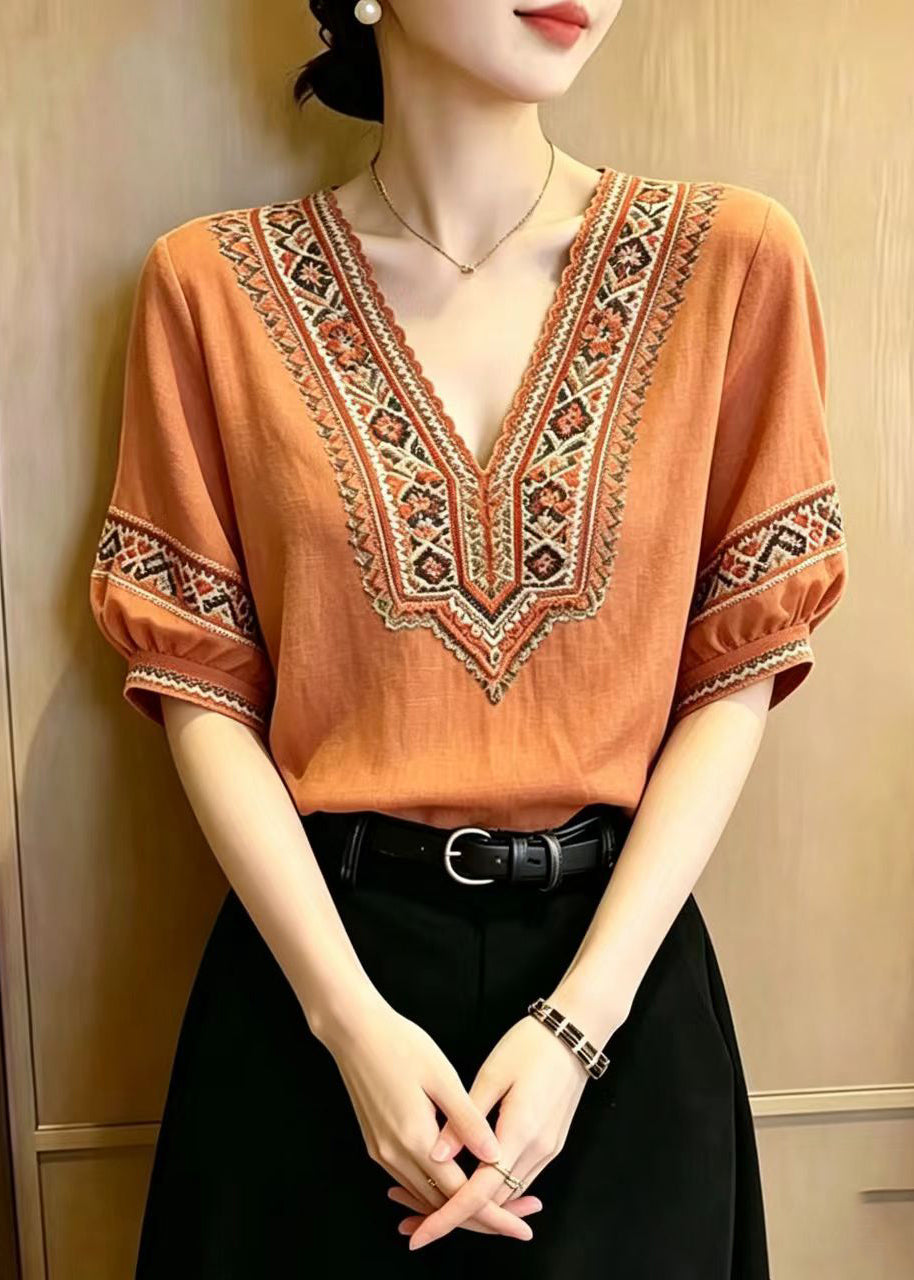 Fine Orange V Neck Embroidered Cotton Shirts Summer
