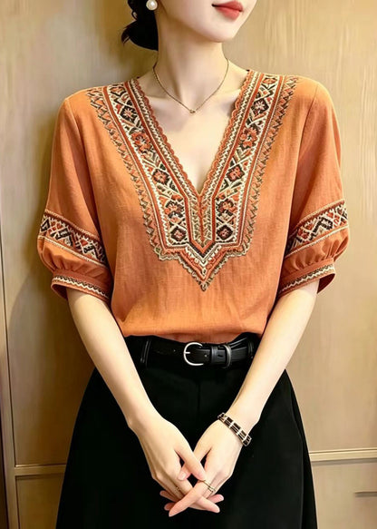 Fine Orange V Neck Embroidered Cotton Shirts Summer