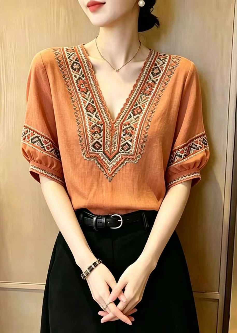 Fine Orange V Neck Embroidered Cotton Shirts Summer