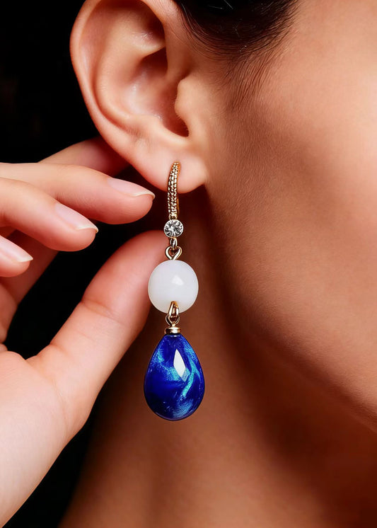 Fine Peacock Blue Water Droplet Gem Stone Ethnic Style Drop Earrings