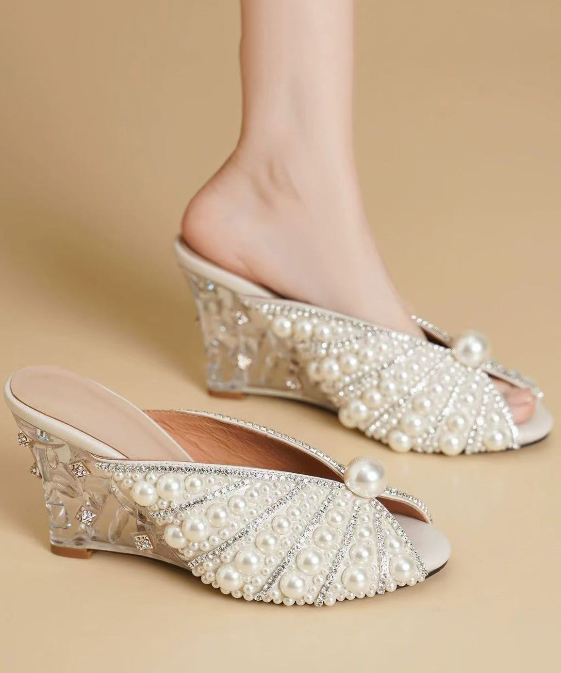 Fine Pearl Peep Toe High Wedge Heels Shoes White Slide Sandals