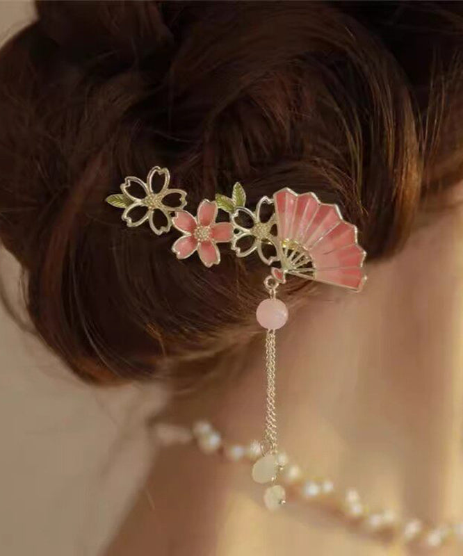 Fine Pink Alloy Zircon Floral Fan Tassel Hairpin