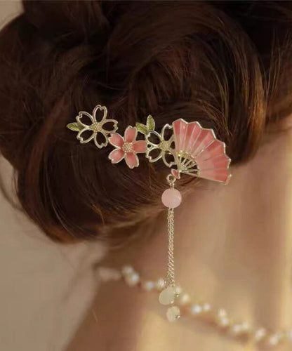 Fine Pink Alloy Zircon Floral Fan Tassel Hairpin
