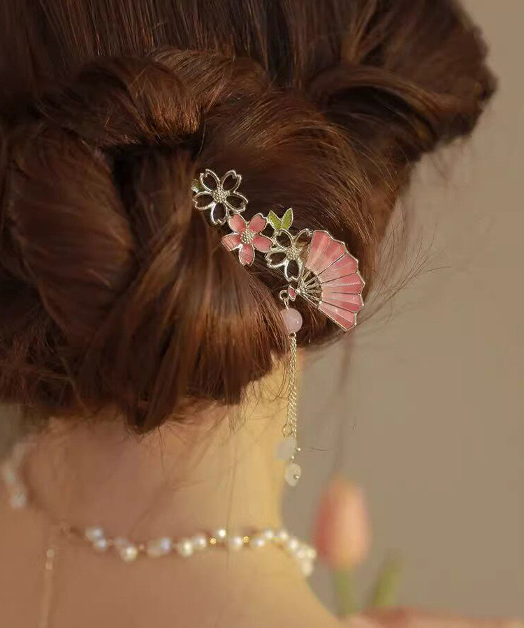 Fine Pink Alloy Zircon Floral Fan Tassel Hairpin