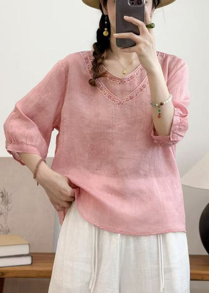 Fine Pink Double-layer Embroidered Linen Tops Summer