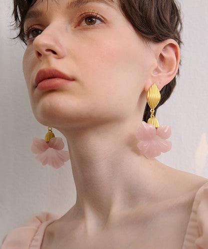 Fine Pink Floral Exaggeration Gold Plated Drop Earrings