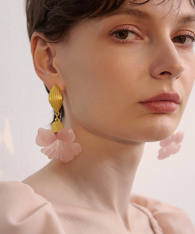 Fine Pink Floral Exaggeration Gold Plated Drop Earrings