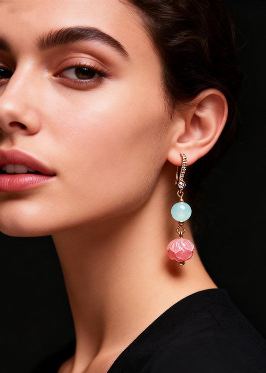 Fine Pink Flower Zircon Jade Drop Earrings