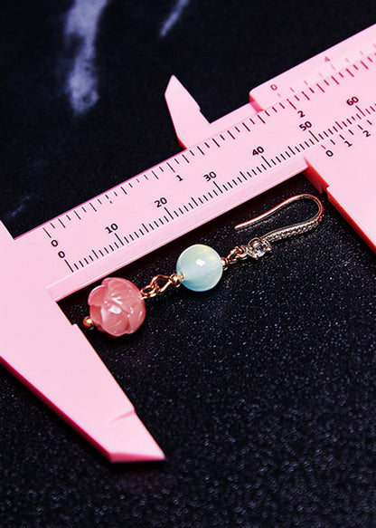 Fine Pink Flower Zircon Jade Drop Earrings