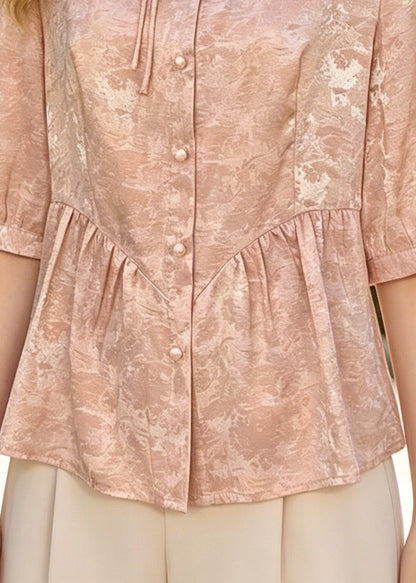 Fine Pink Mandarin Collar Jacquard Silk Top Summer