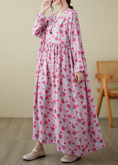 Fine Pink O-Neck Print Patchwork Long Dress Spring