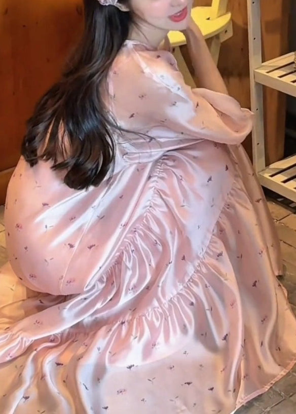 Fine Pink O-Neck Print Silk Long Dress Bracelet Sleeve